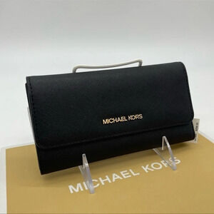 Michael Kors Large Trifold Wallet Black Leather Rich Black/Gold